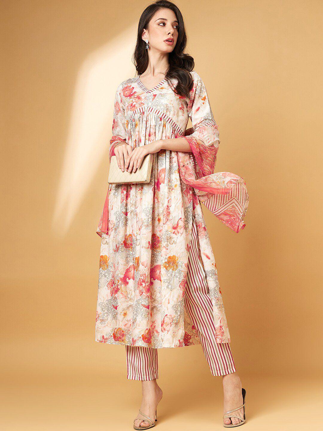all about you floral embroidered v-neck straight kurta with trousers & dupatta