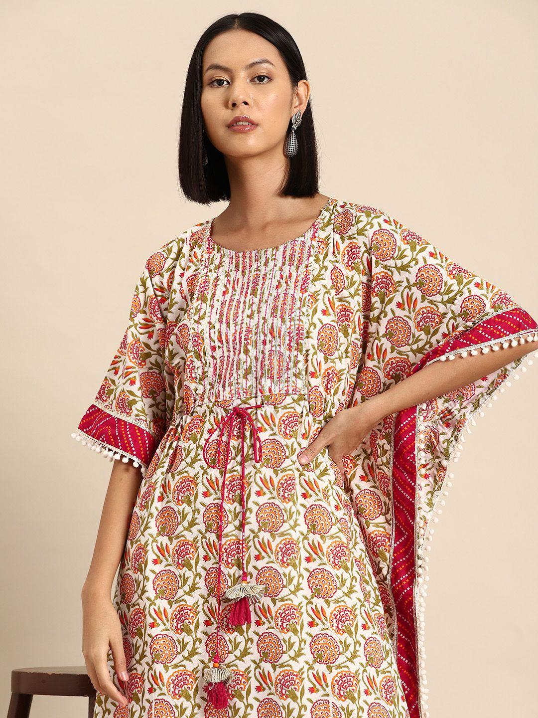 all about you floral print kimono sleeves pom-pom kaftan maxi dress