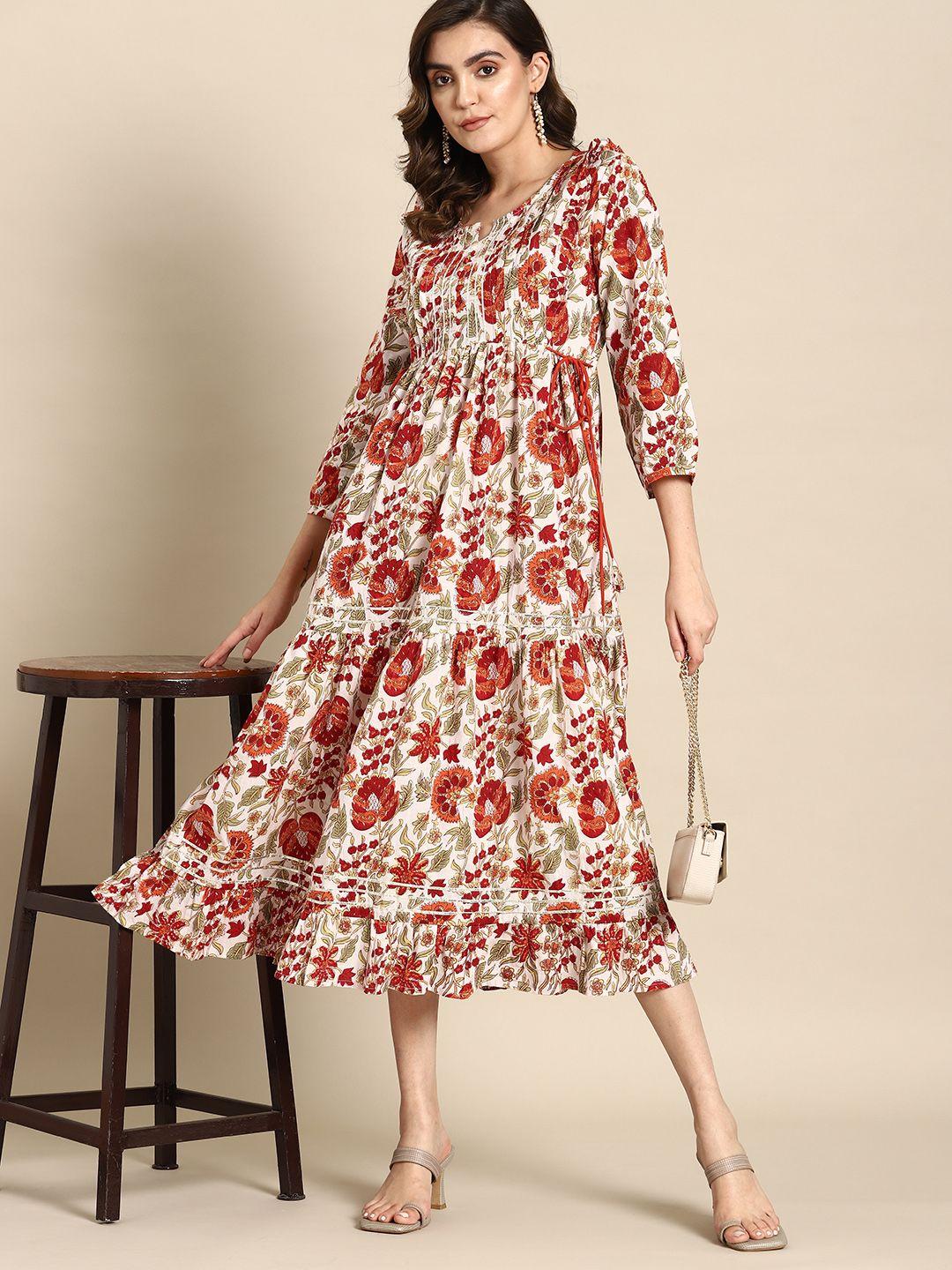 all about you floral print puff sleeve cotton a-line midi dress