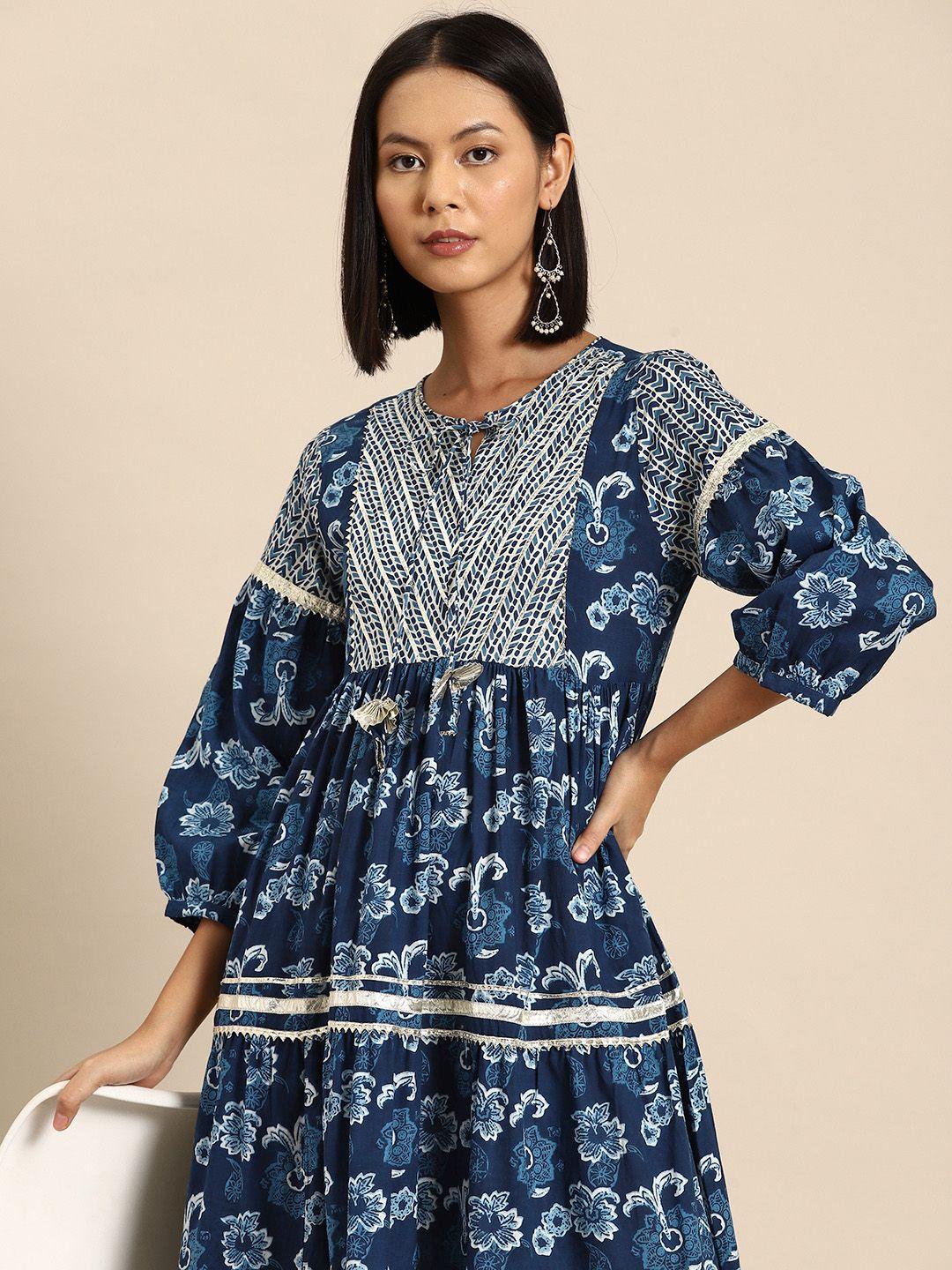 all about you floral print puff sleeves tie-up neck a-line maxi dress