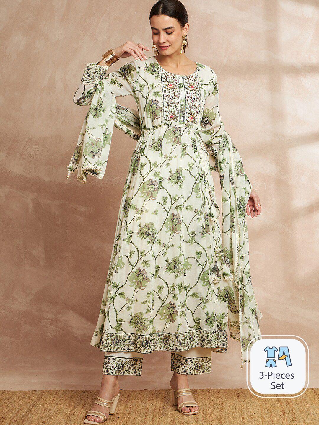 all about you floral printed anarkali thread work kurta with trousers & dupatta