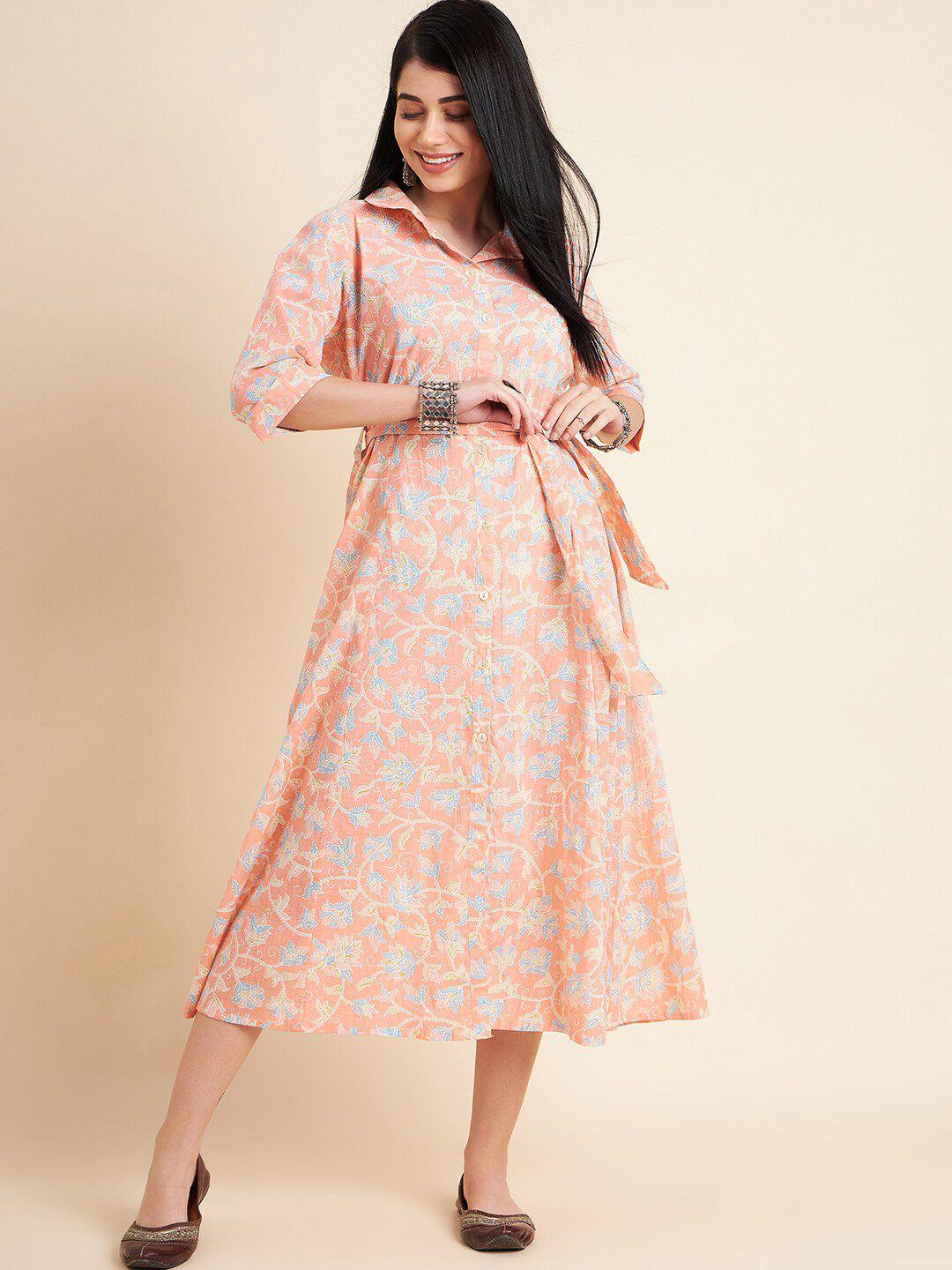 all about you floral printed shirt collar tie-ups detail a-line midi dress