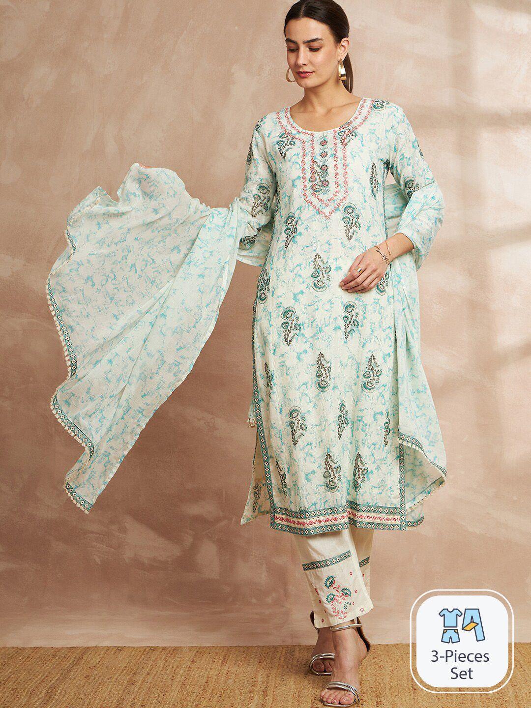 all about you floral printed straight pure cotton kurta with trousers & with dupatta