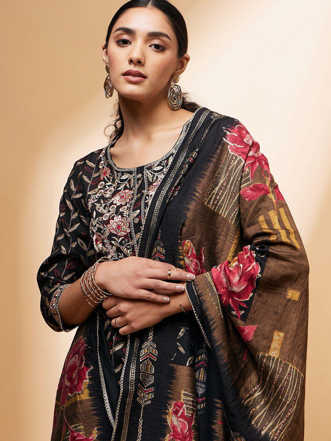 all about you floral printed thread work kurta straight with trousers & dupatta