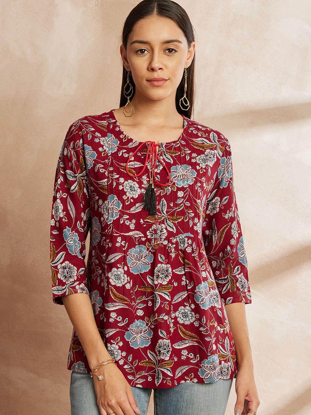 all about you floral printed tie-up neck straight kurti