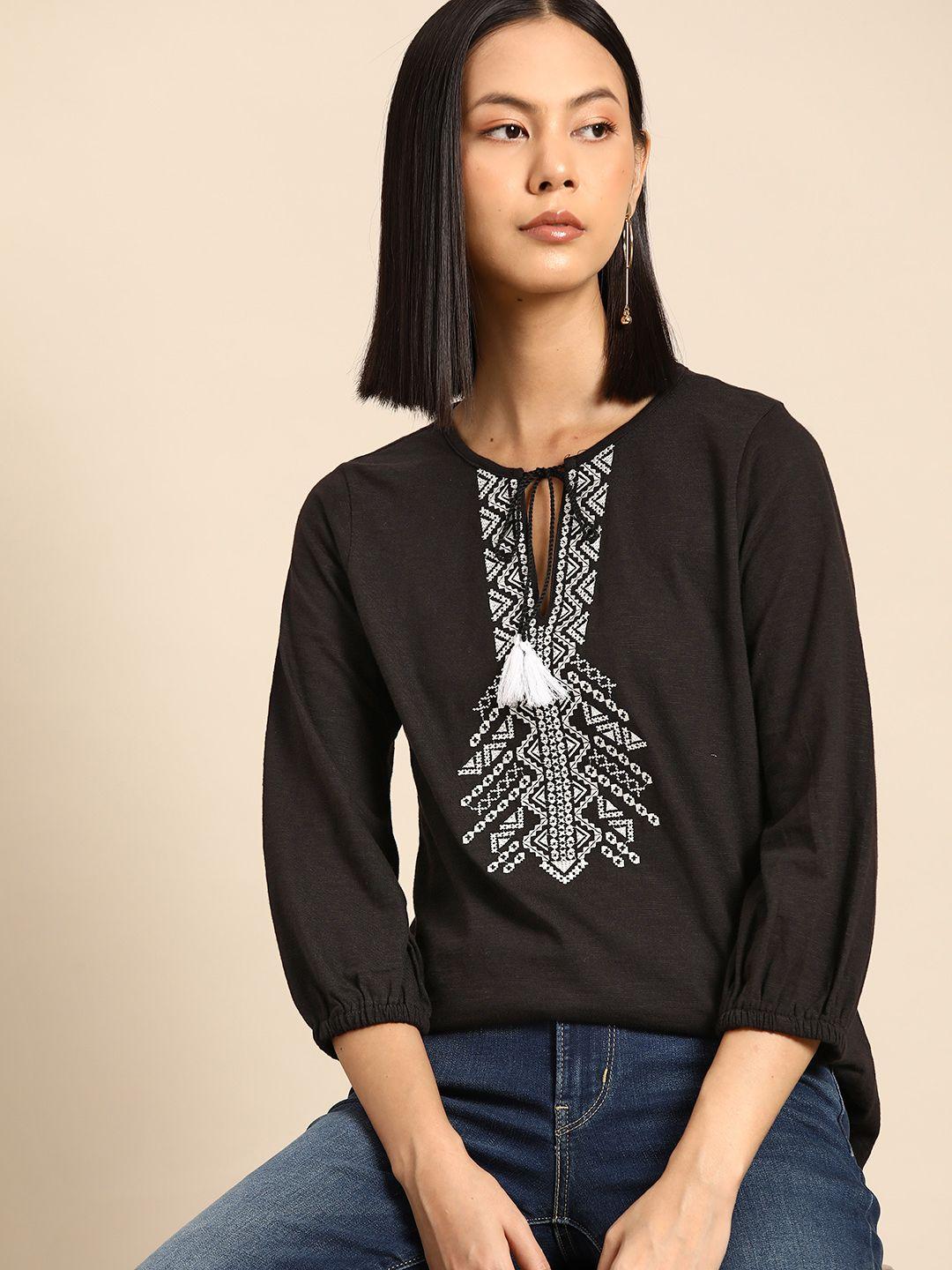 all about you geometric embroidered tie-up neck puff sleeve cotton top