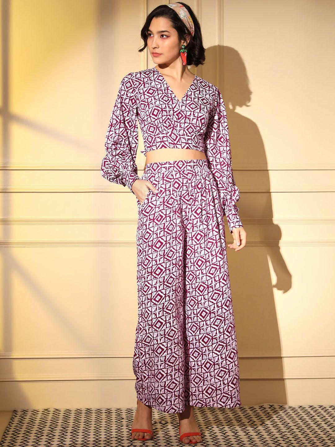 all about you geometric printed v-neck puff sleeves crop top with printed palazzos