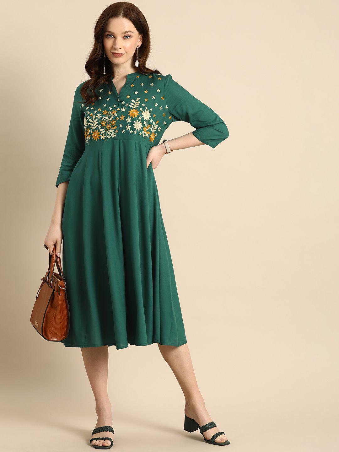 all about you green & beige floral embroidered a-line midi dress
