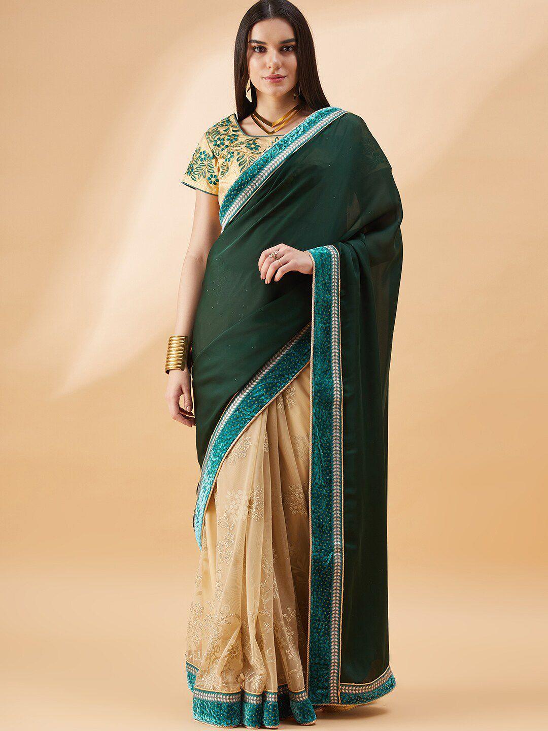 all about you green & beige floral embroidered silk blend designer saree