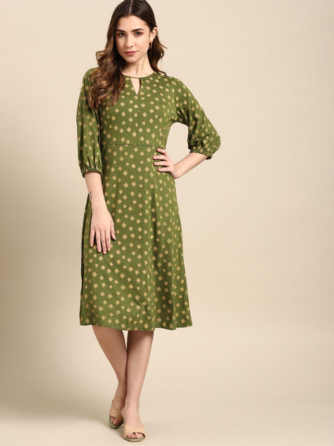 all about you green & beige keyhole neck a-line dress
