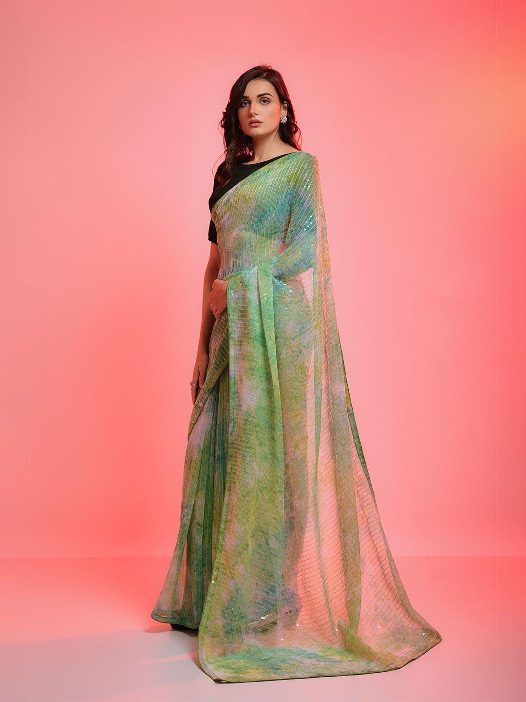 all about you green & blue tie and dye sequinned poly chiffon saree