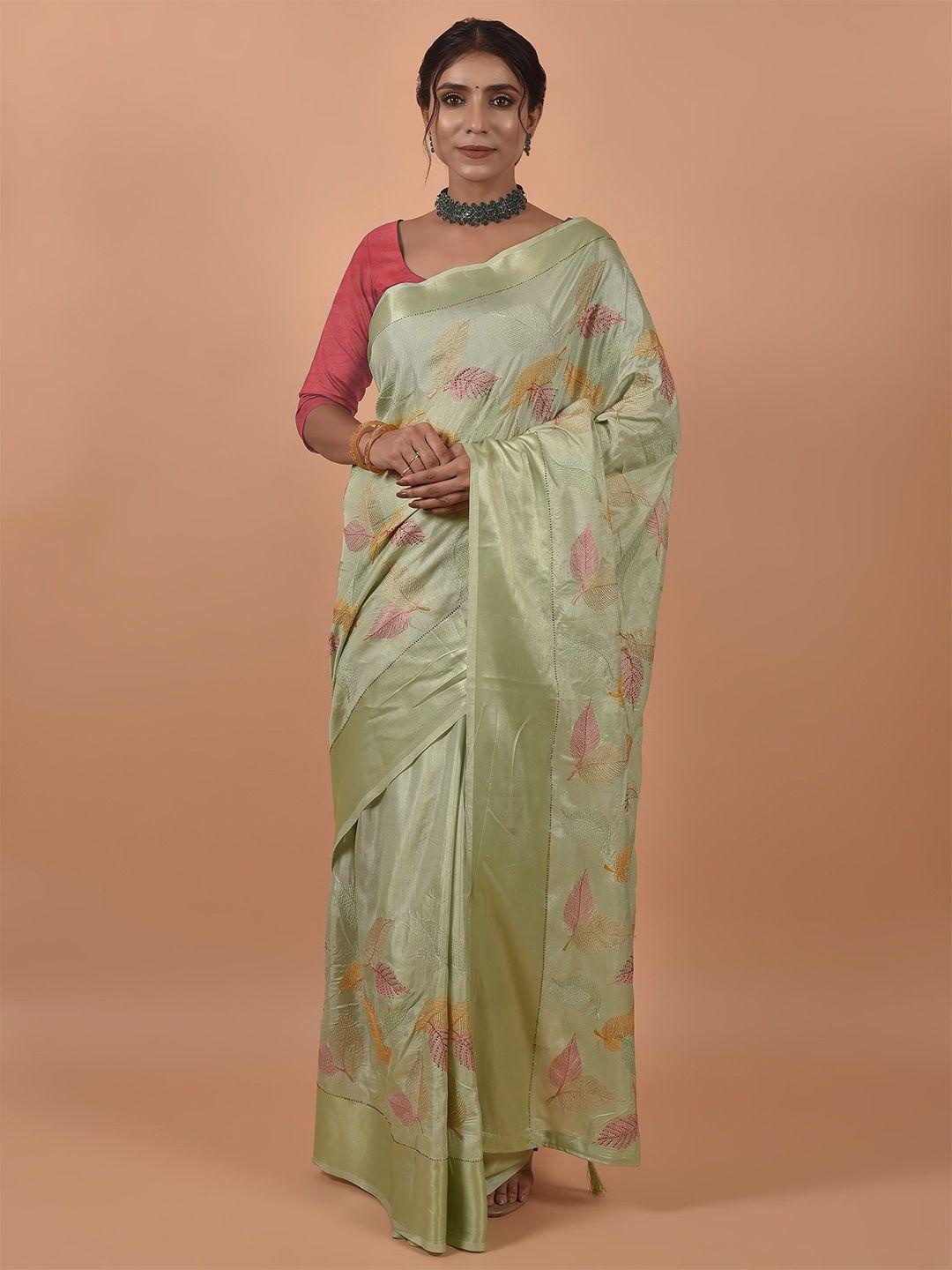 all about you green & gold-toned floral embroidered satin saree