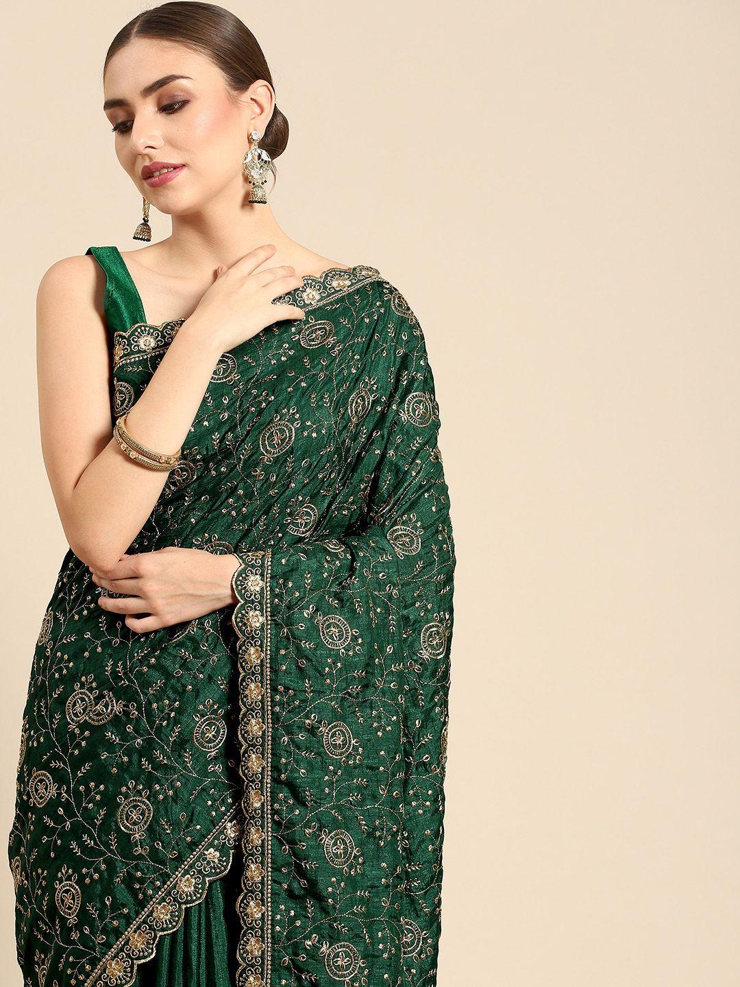 all about you green & golden floral silk blend saree