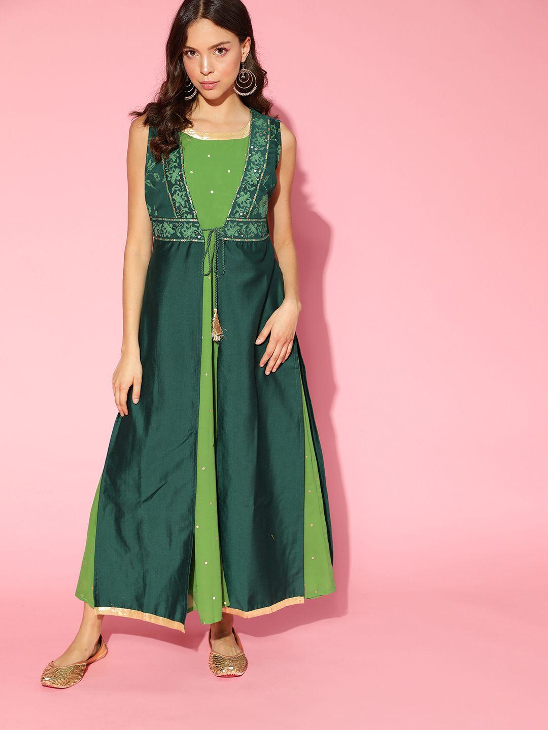 all about you green & golden polka dots printed ethnic maxi dress with longline shrug