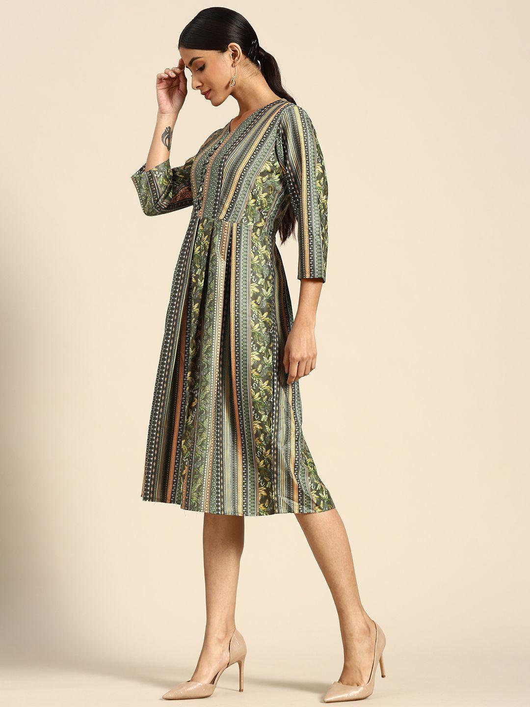 all about you green & grey ethnic motifs crepe midi dress