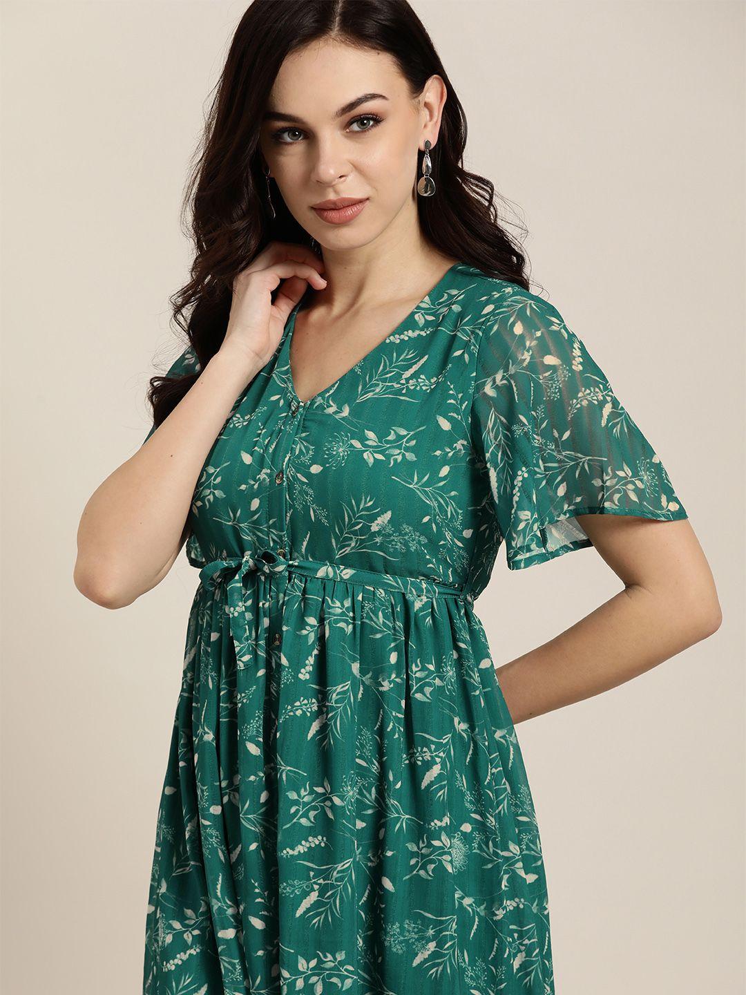 all about you green & off-white floral printed a-line dress & belt