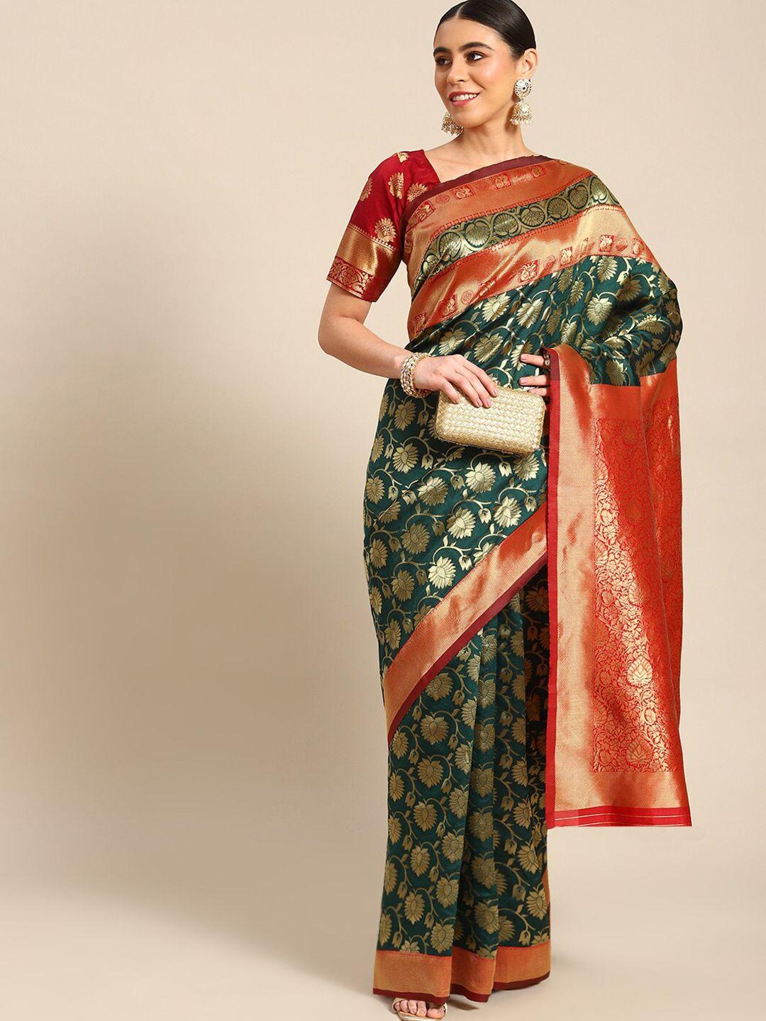 all about you green & orange woven design zari silk blend kanjeevaram saree