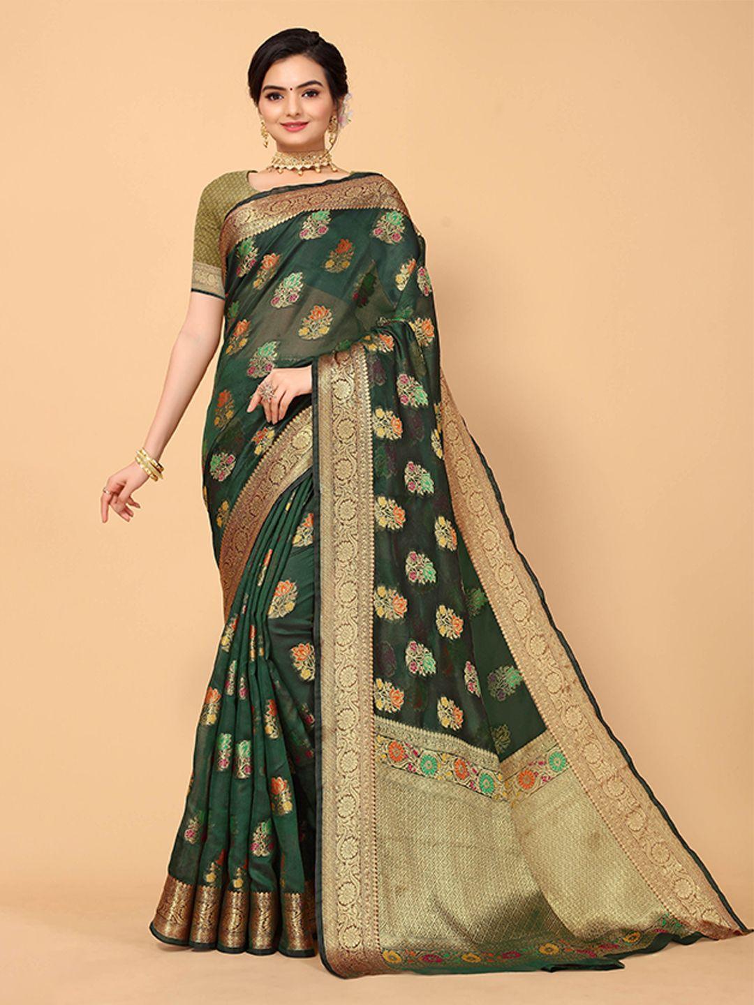 all about you green & pink woven design silk saree