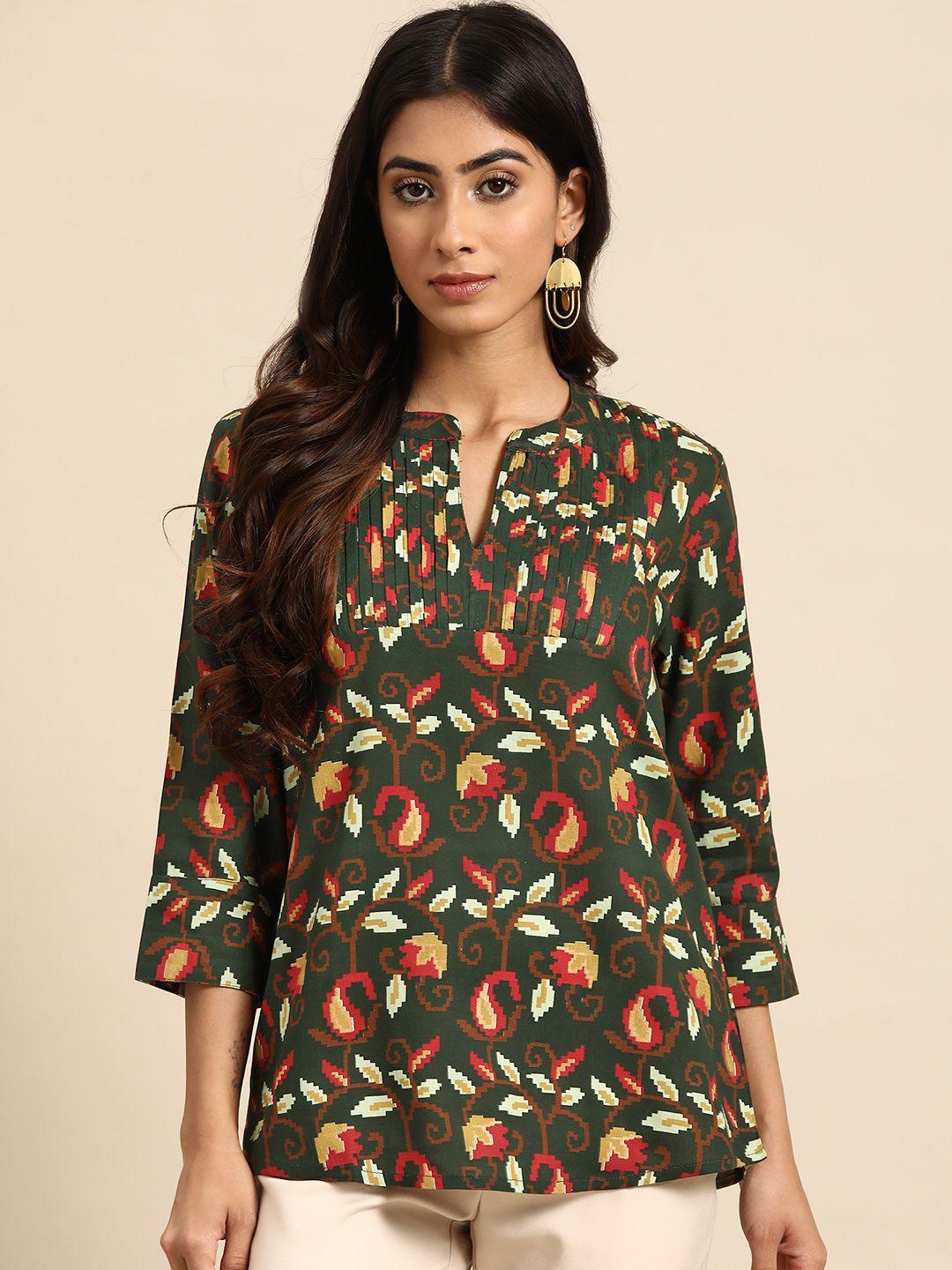 all about you green & red ethnic motifs printed pleated kurti