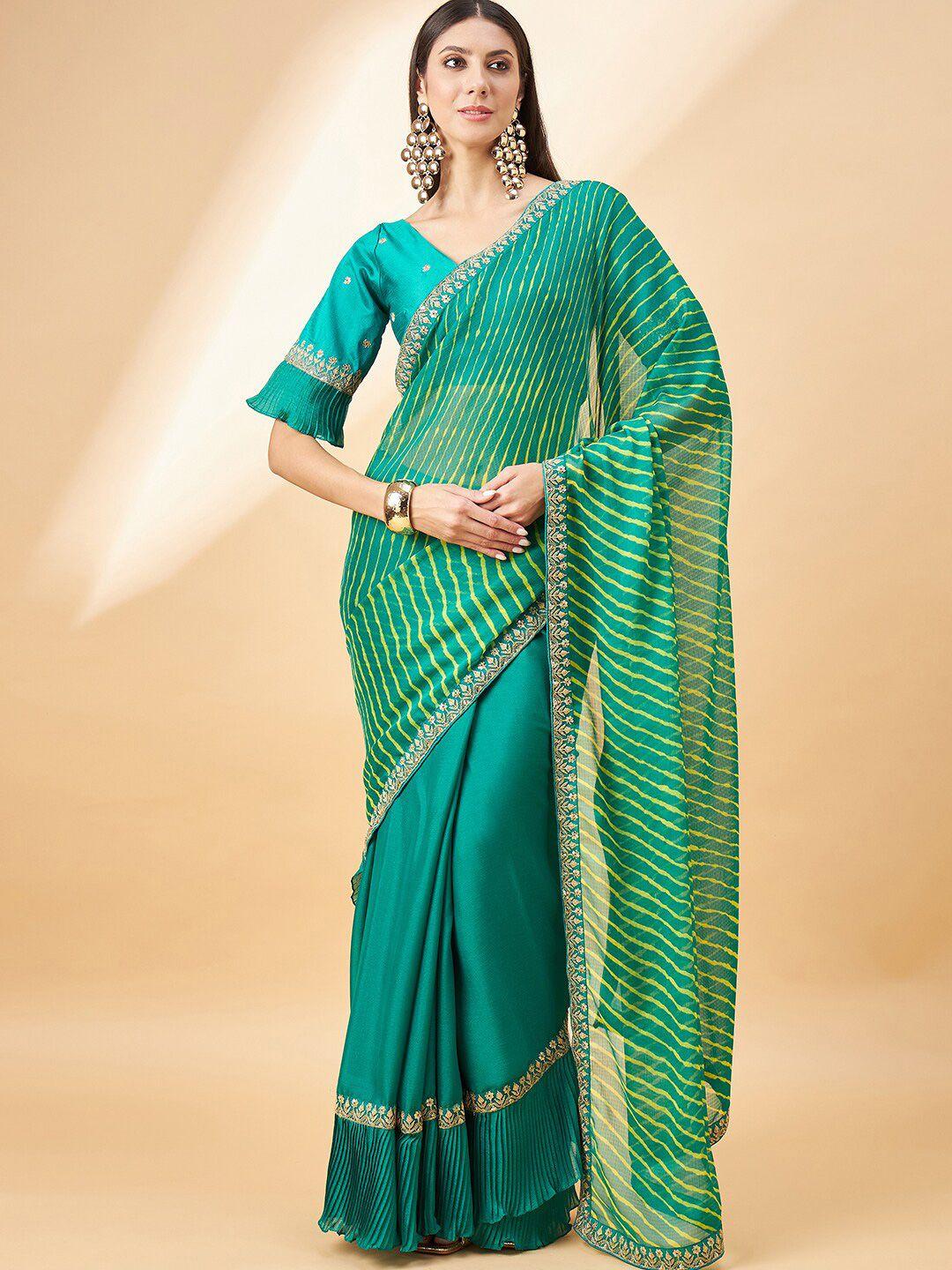 all about you green & white leheriya printed embroidered pure chiffon leheriya saree