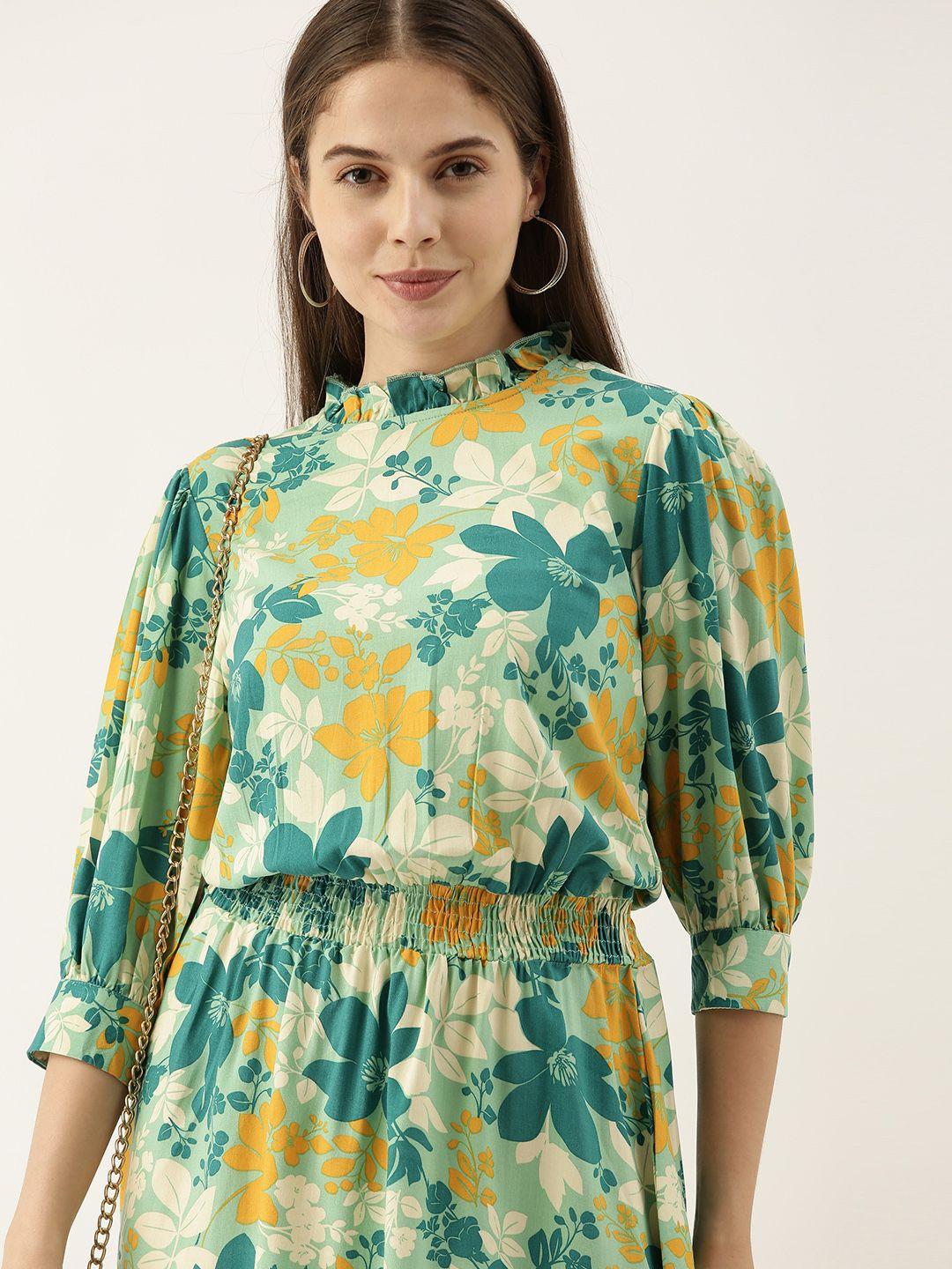 all about you green & yellow floral printed a-line dress