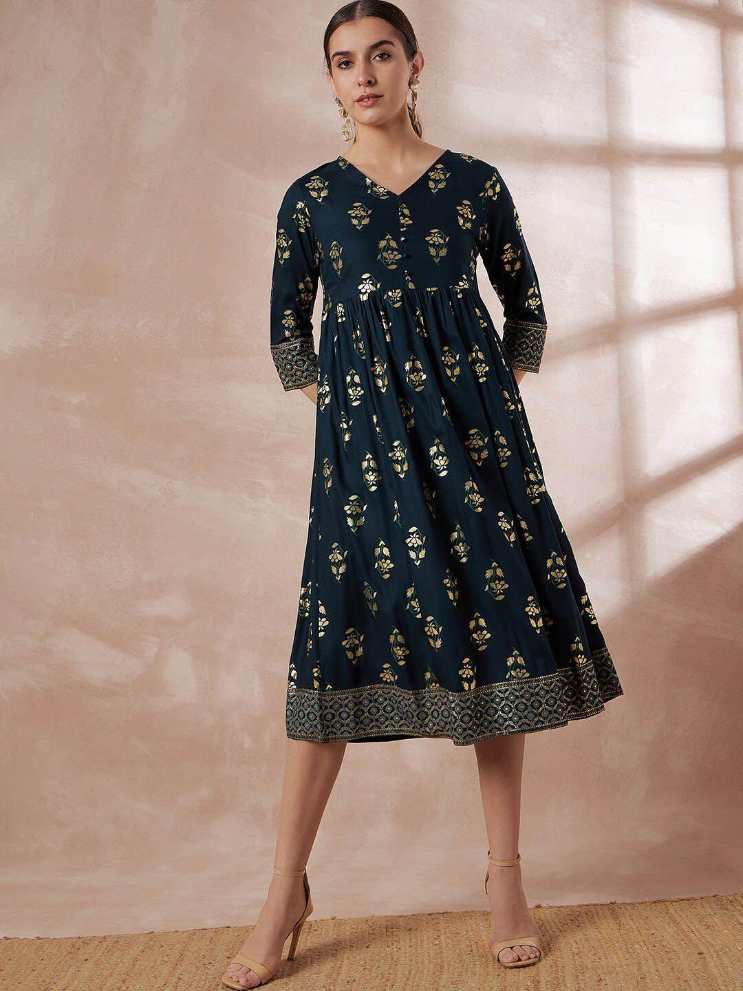 all about you green ethnic motifs printed a-line midi dress