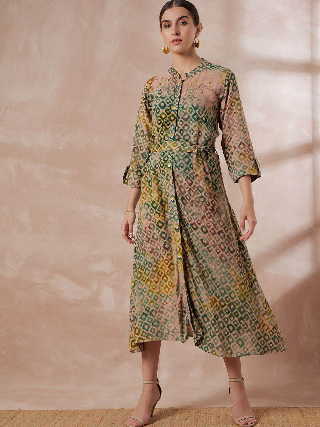 all about you green ethnic motifs printed mandarin collar cotton a-line midi dress