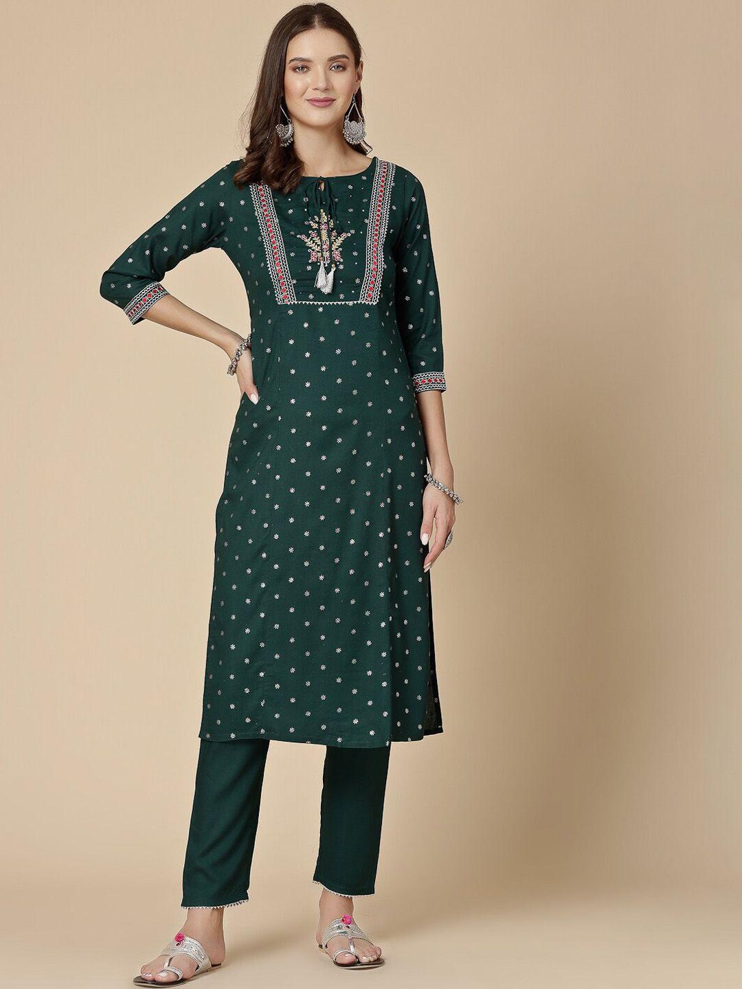 all about you green ethnic printed tie-up neck regular thread work kurta with trousers
