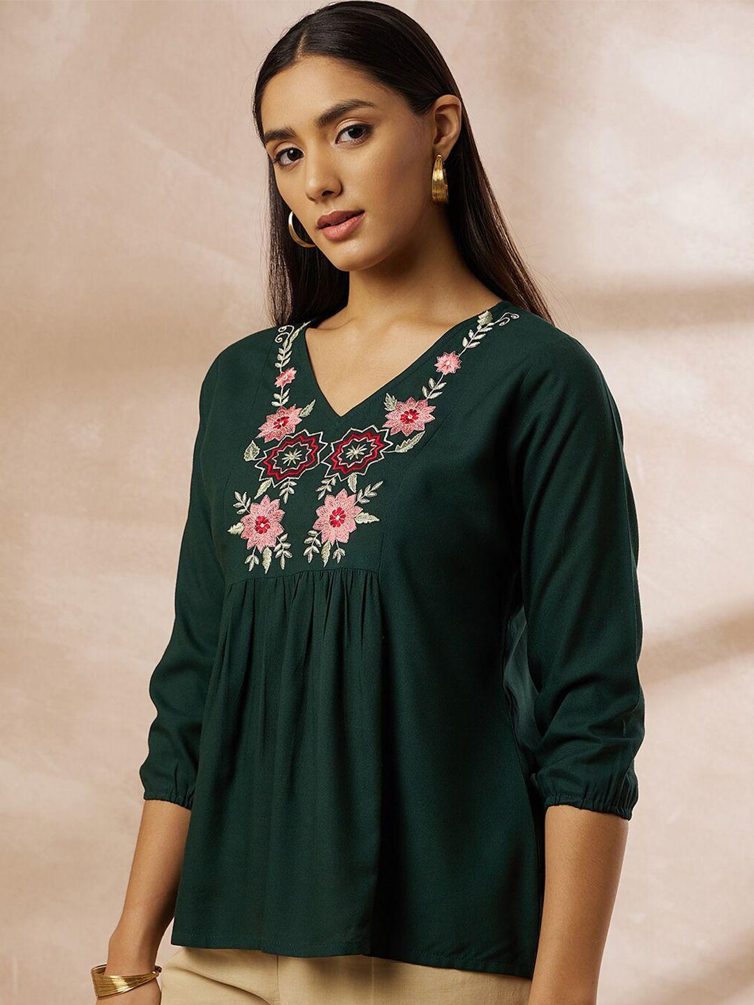 all about you green floral embroidered v- neck gathered cotton a-line top