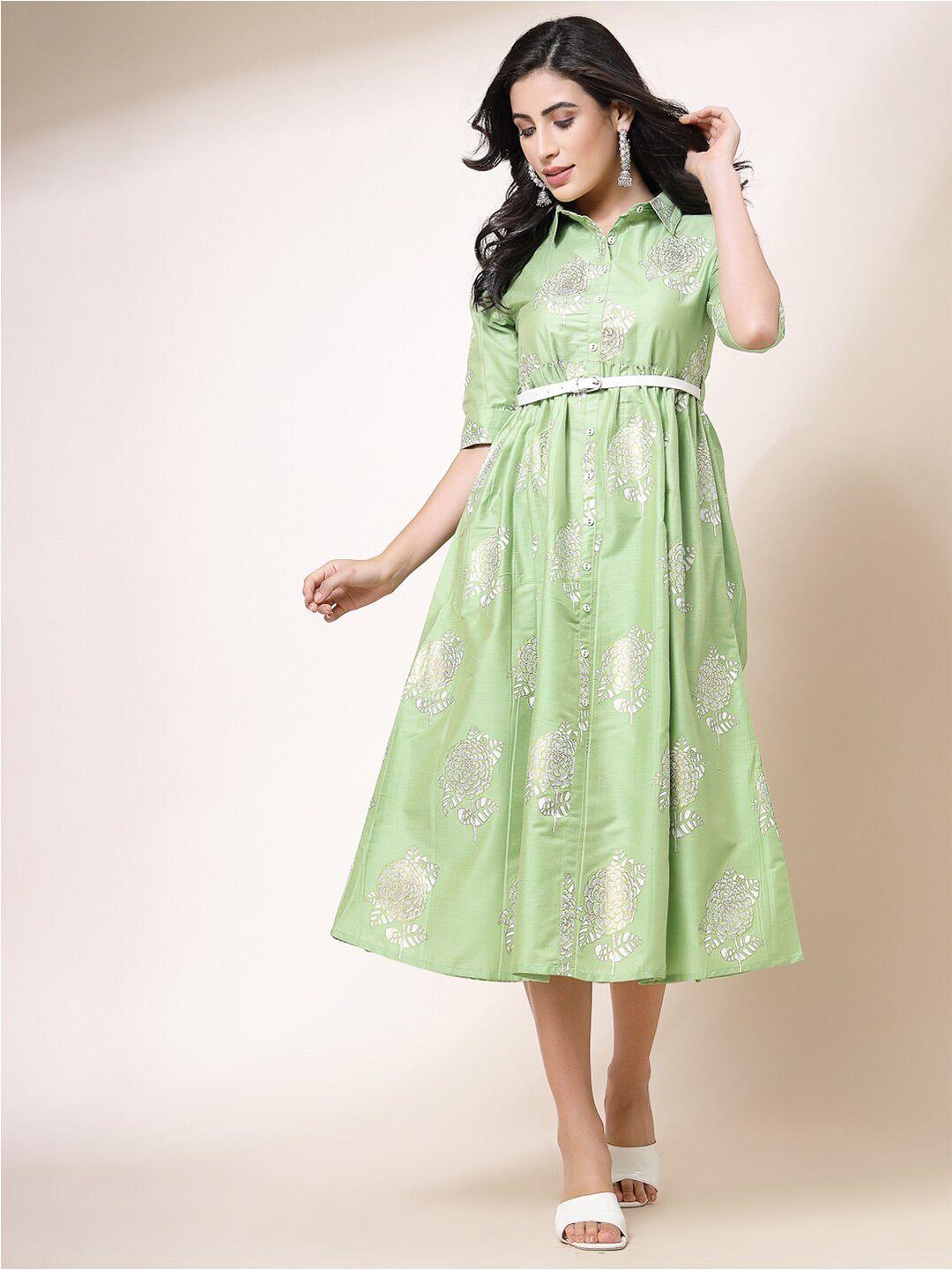 all about you green floral printed shirt collar gathered fit & flare midi ethnic dress