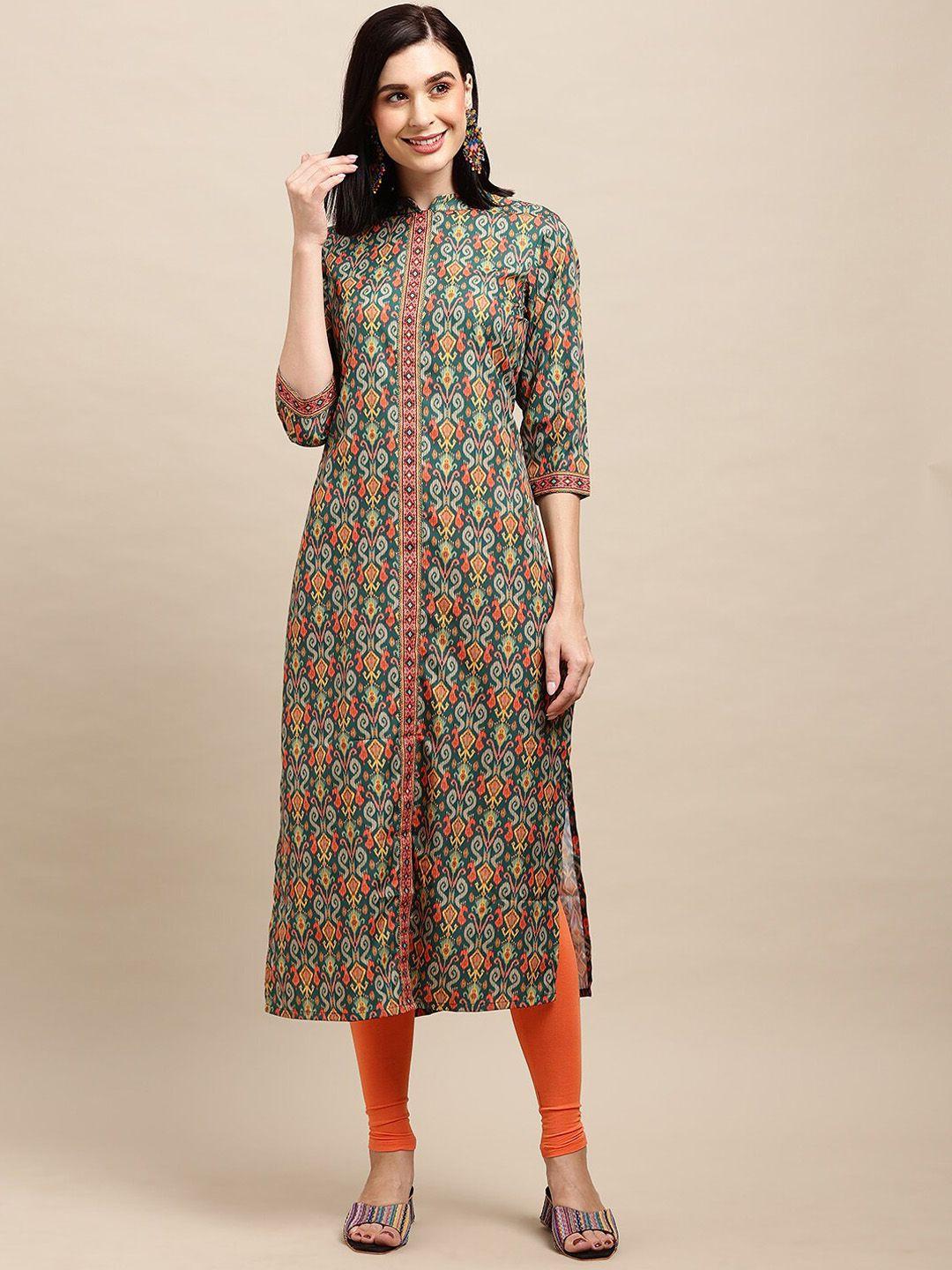 all about you green orange & yellow ethnic motifs printed crepe straight kurta