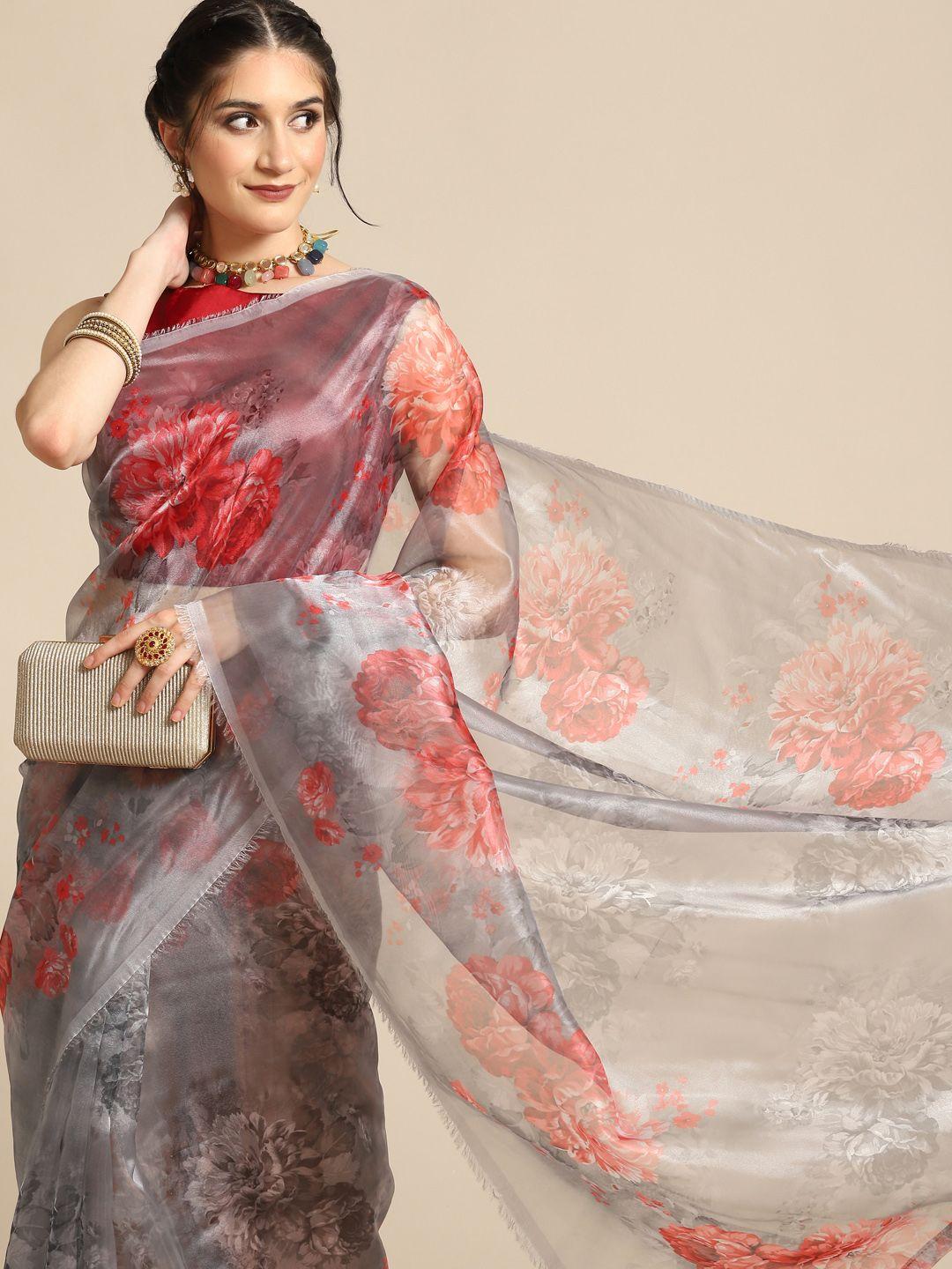 all about you grey & maroon floral organza saree