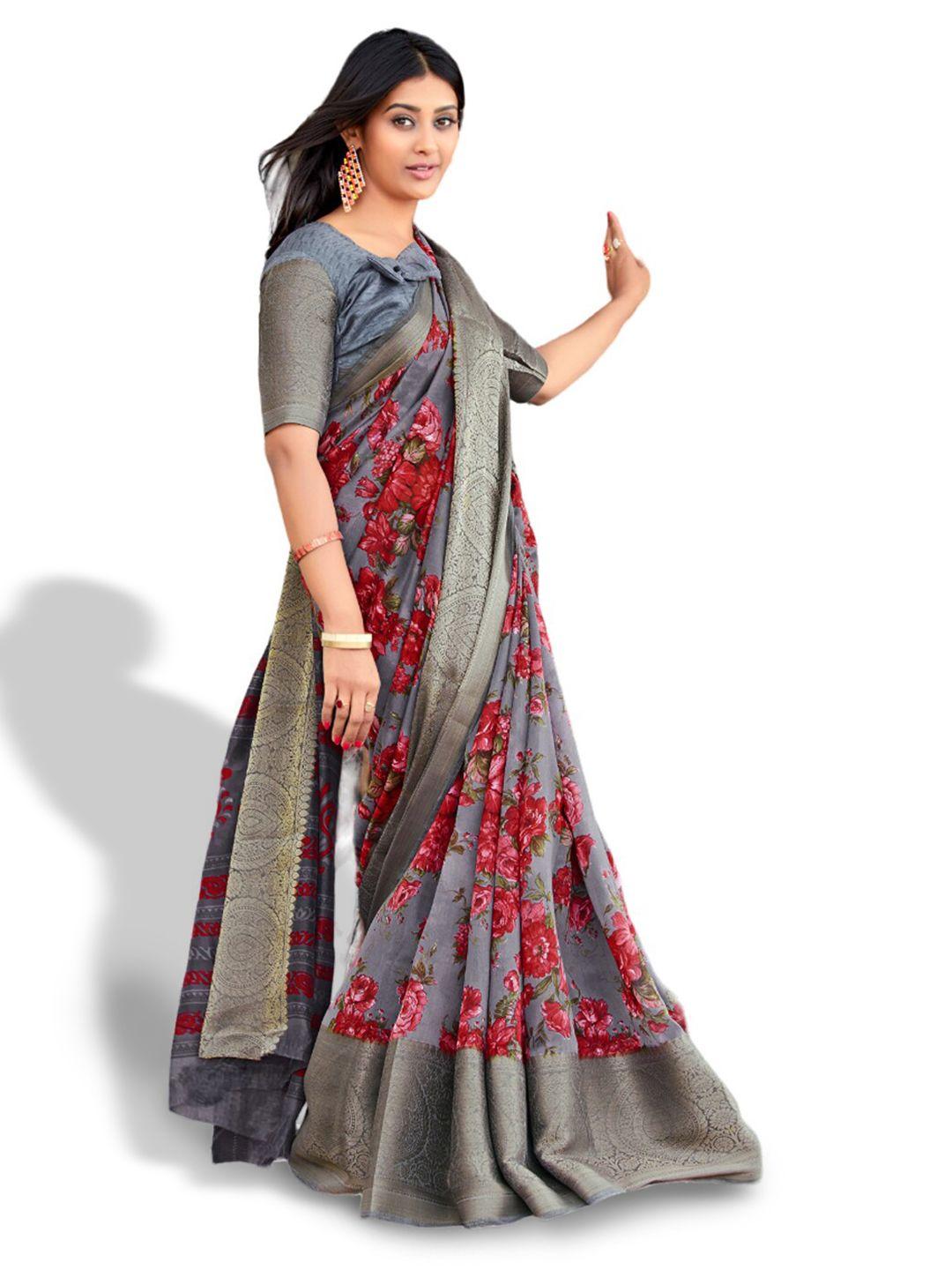 all about you grey & red floral printed zari pure cotton saree