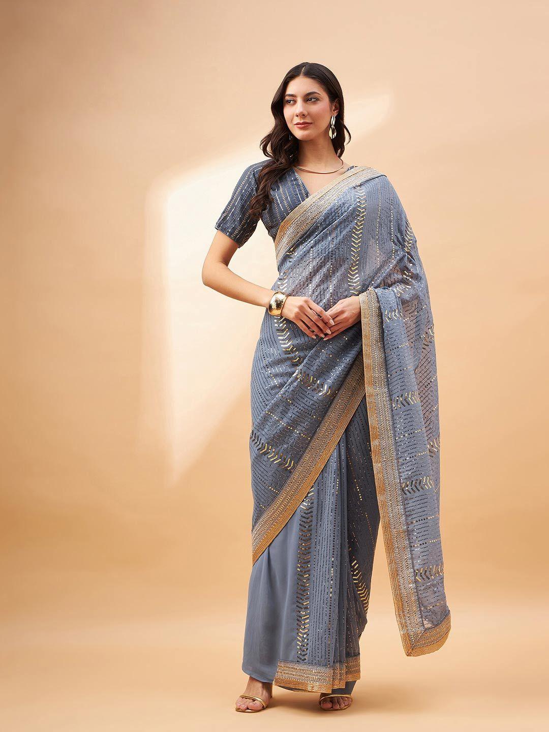 all about you grey ethnic motifs sequinned net banarasi saree