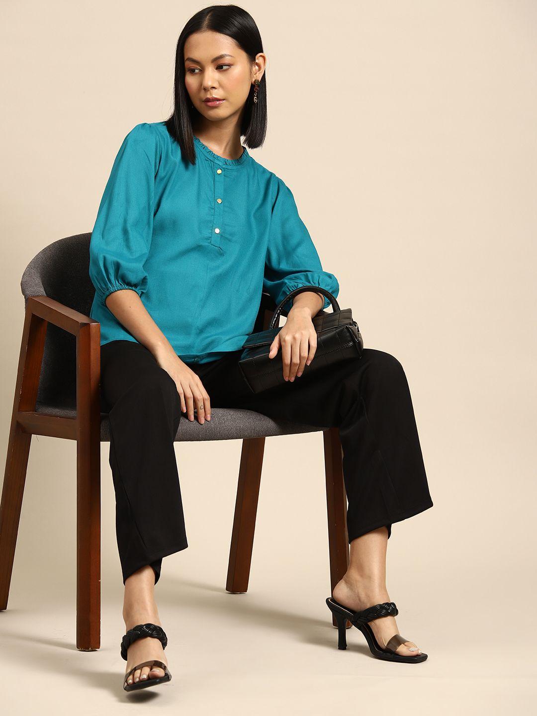 all about you half button placket puff sleeve top