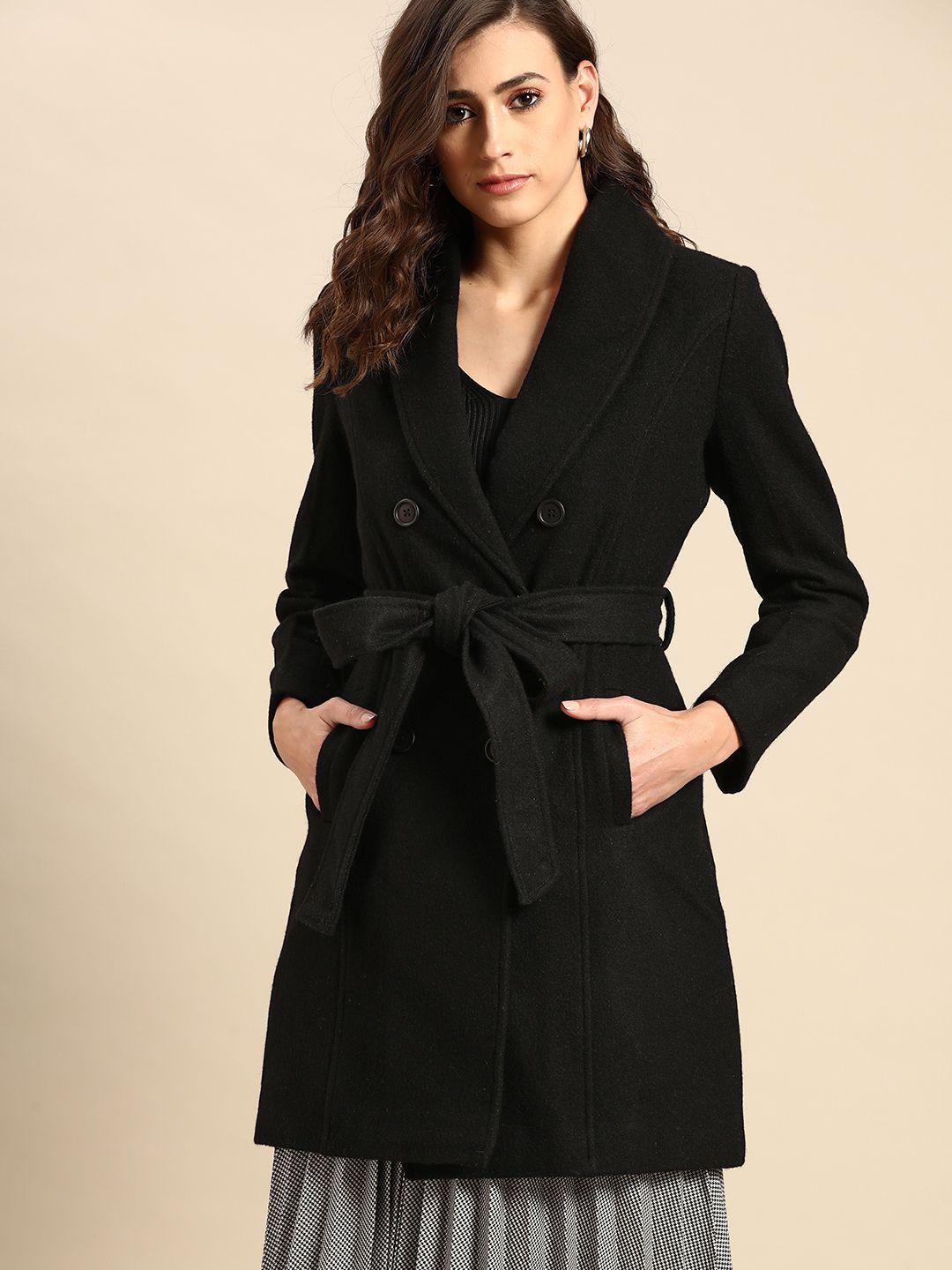 all about you luxe collection women black solid double breasted longline trench coat