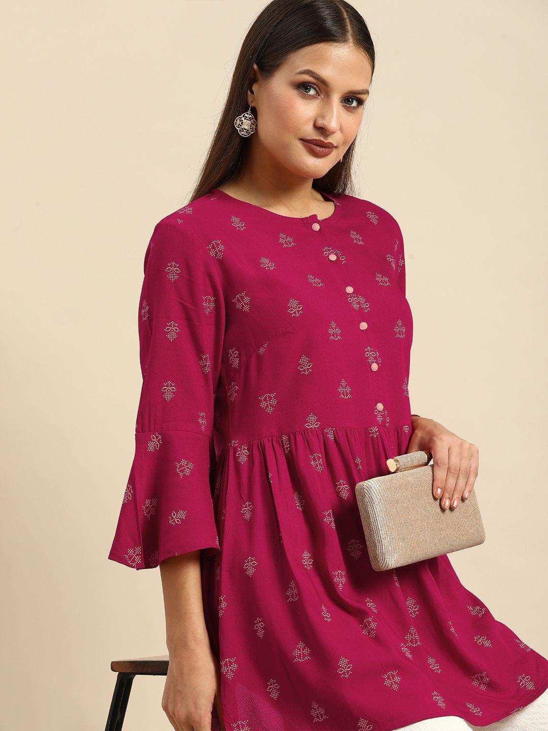 all about you magenta ethnic motifs printed pleated kurti