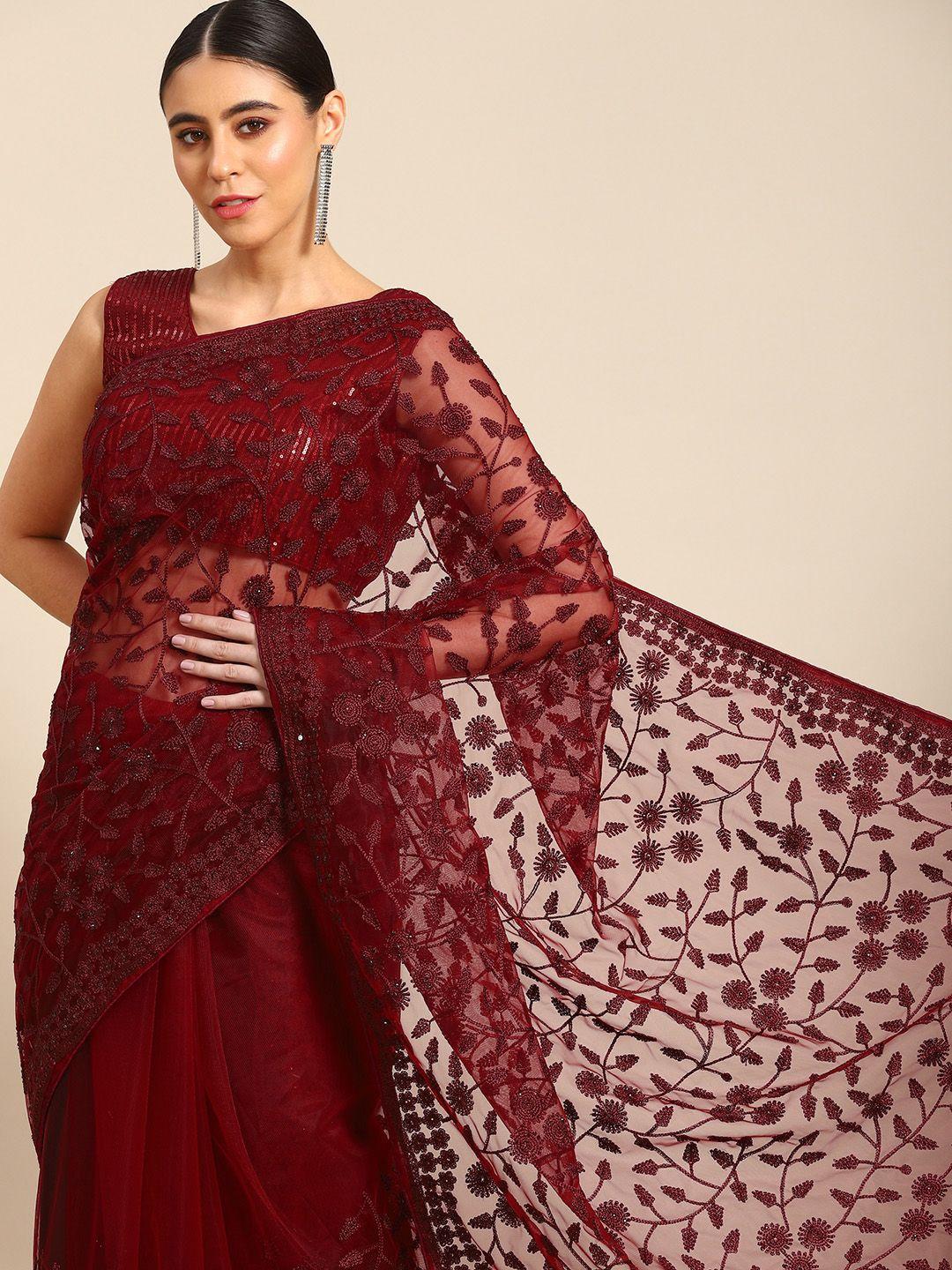 all about you maroon & brown floral embroidered net saree