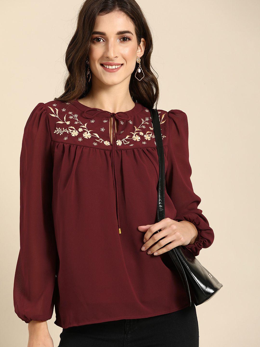 all about you maroon & cream-coloured floral embroidered tie-up neck regular top