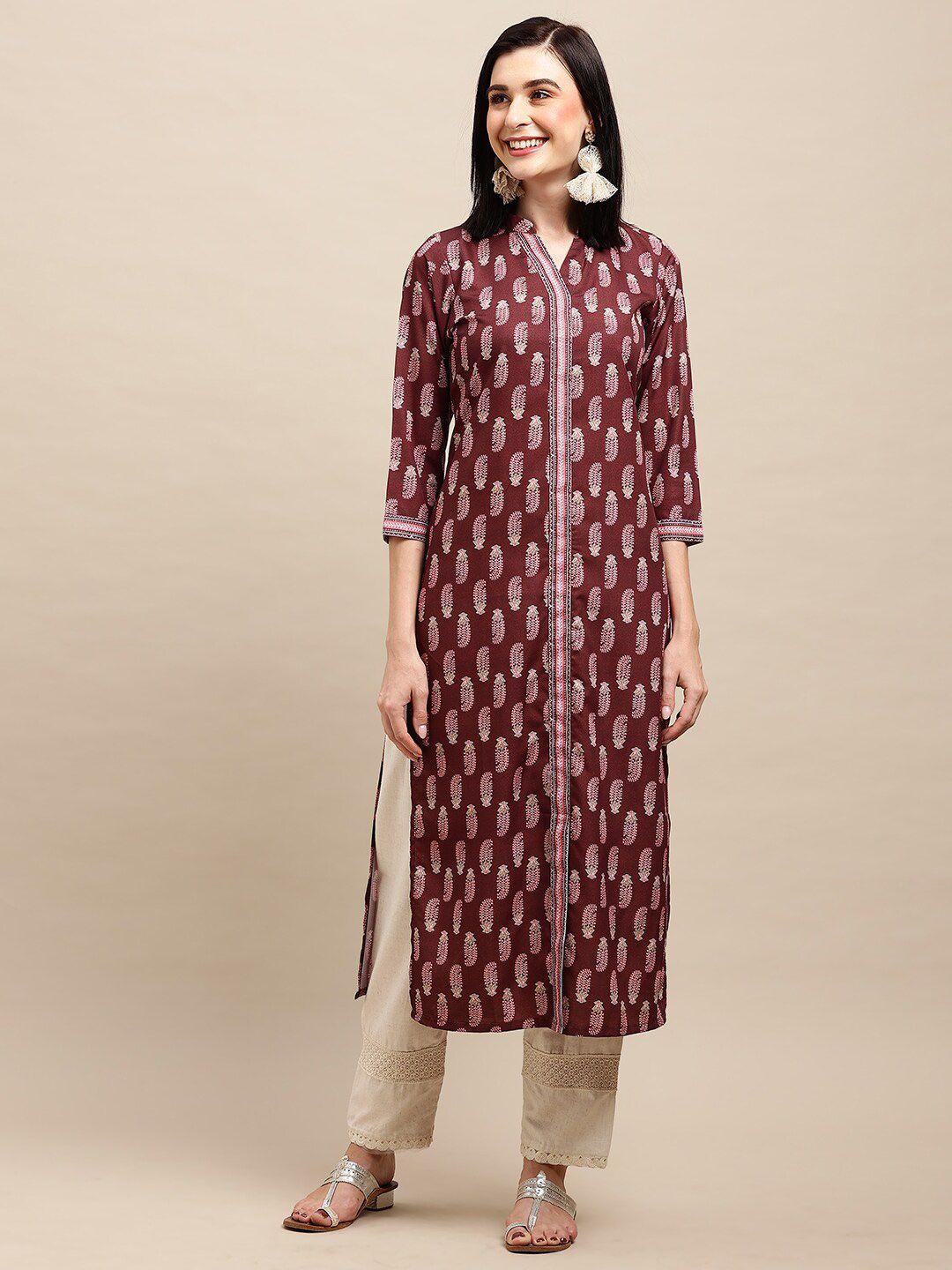 all about you maroon & cream ethnic motifs thread work crepe straight kurta