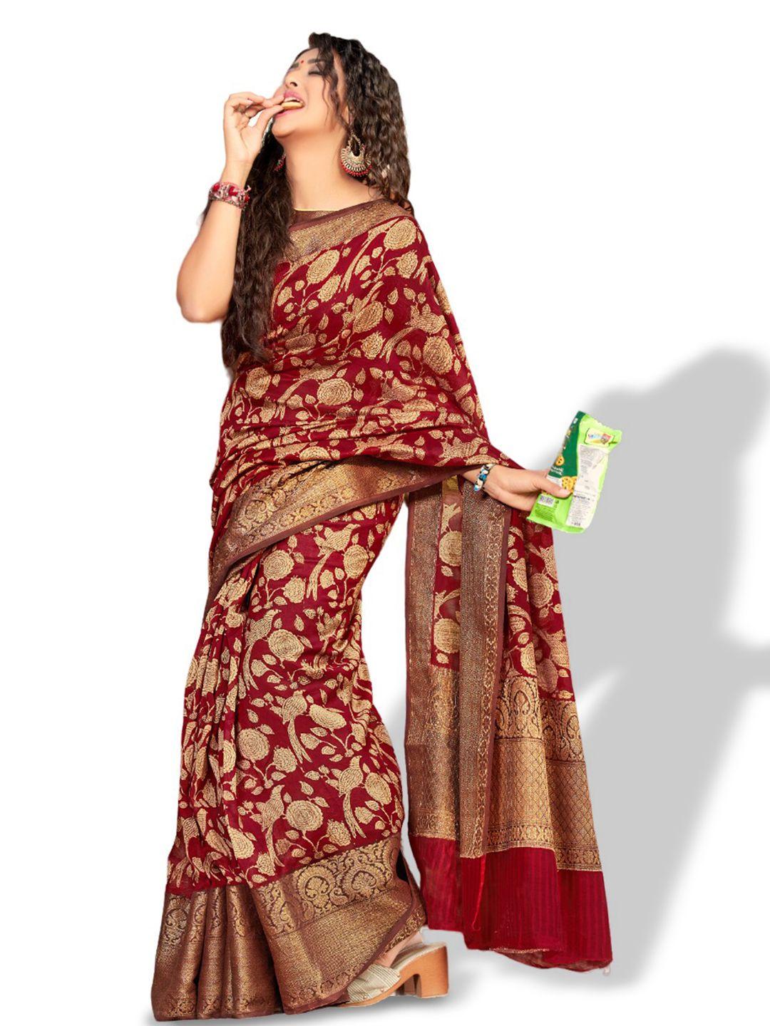 all about you maroon & gold-toned floral printed zari pure cotton saree