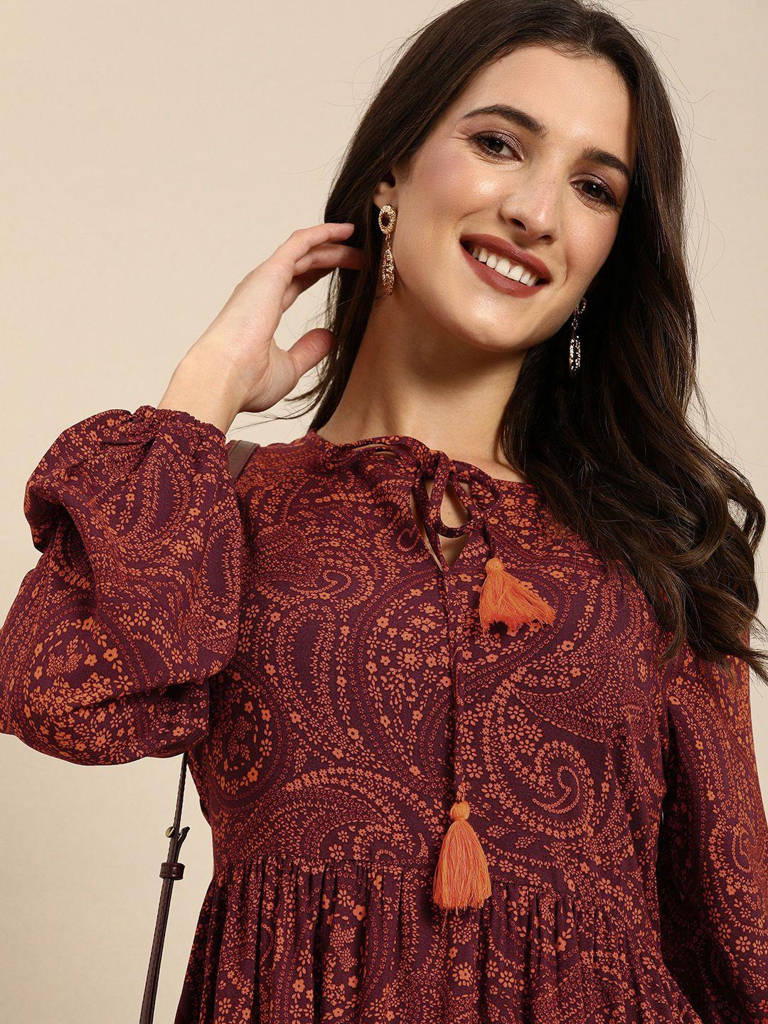 all about you maroon & peach-coloured ethnic motifs tie-up neck fit & flare dress