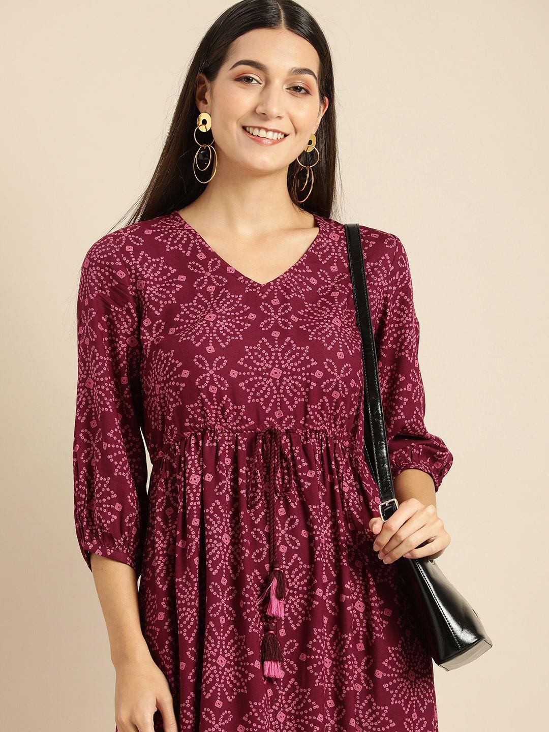 all about you maroon & pink bandhani printed a-line midi dress