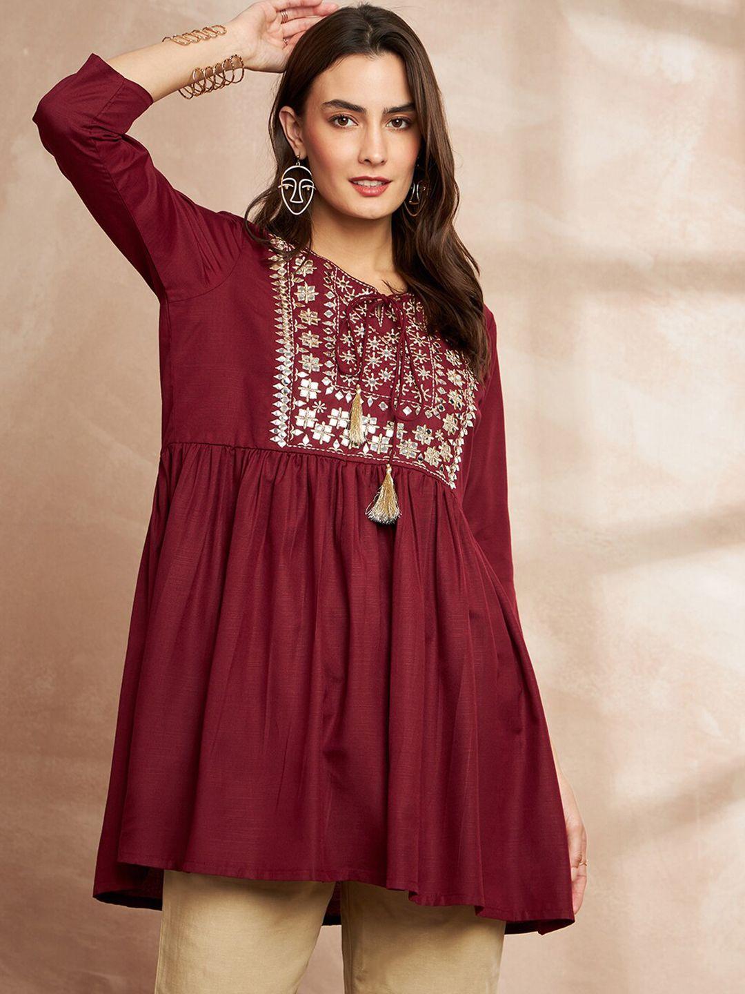 all about you maroon embroidered pleated kurti