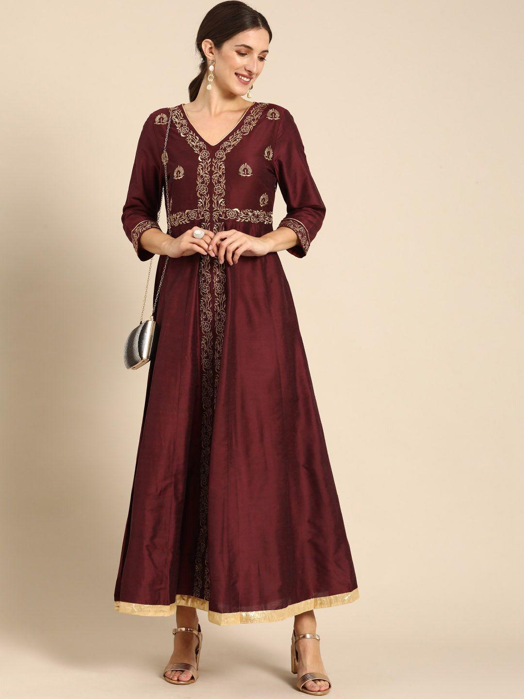 all about you maroon ethnic motifs embroidered ethnic maxi dress