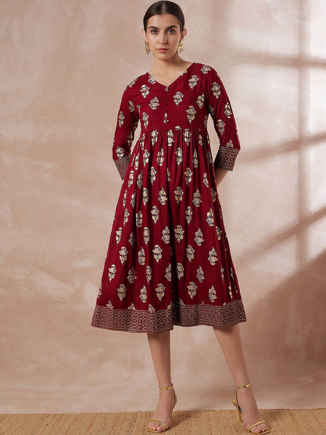 all about you maroon ethnic motifs printed a-line midi dress