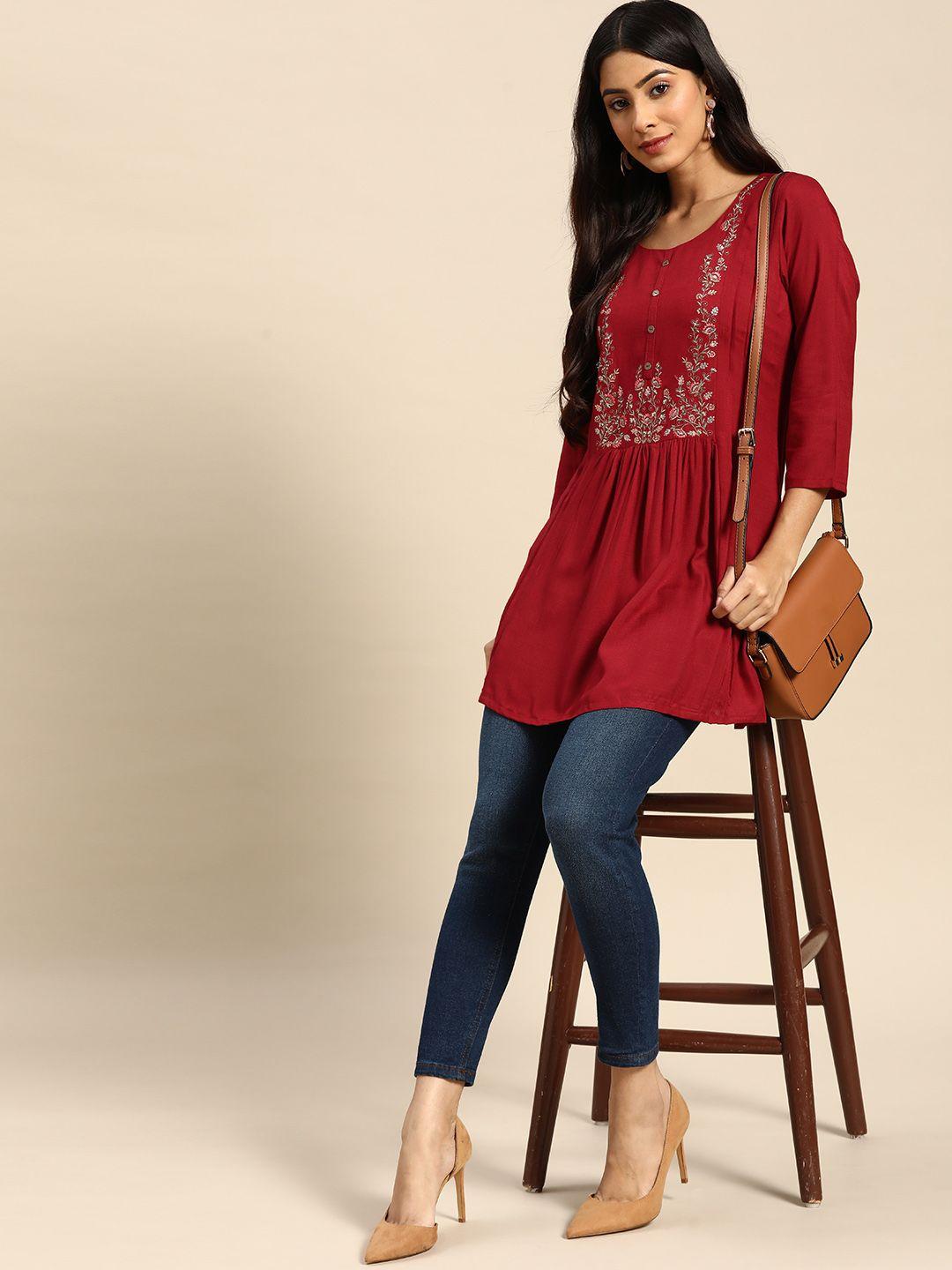 all about you maroon floral embroidered longline top