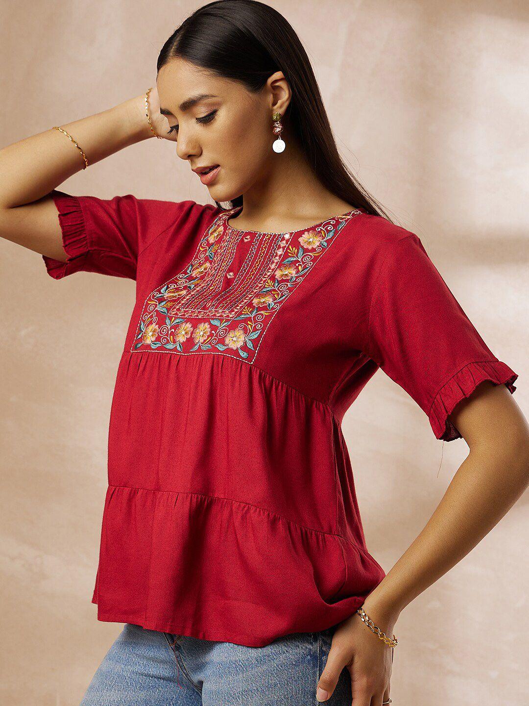 all about you maroon floral embroidered round neck gathered cotton tiered top