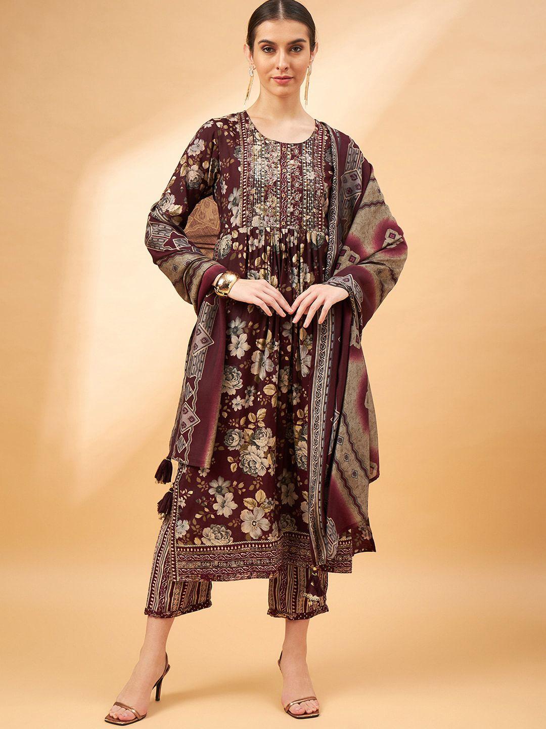 all about you maroon floral printed thread work a-line kurta & trousers with dupatta