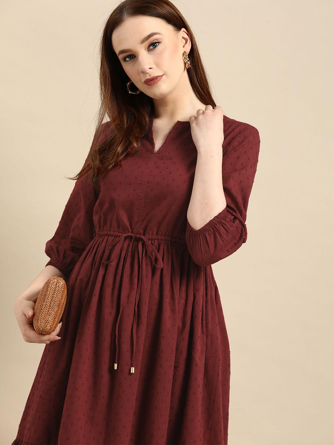 all about you maroon schifili v neck gathered pure cotton midi dress